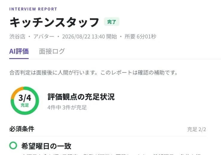 評価観点の充足状況3/4と必須条件ごとの評価を示すレポート